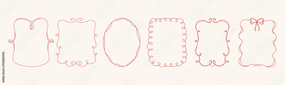 Set of frames and borders with curly, ornaments, bows and ribbons. Editable stroke. Scribbles. Hand drawn whimsical. Coquette elements. Elegant shape. Contour and sketch.