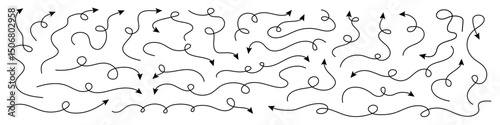 Set of squiggle line arrows. Simple line hand drawn curved vector arrows icons