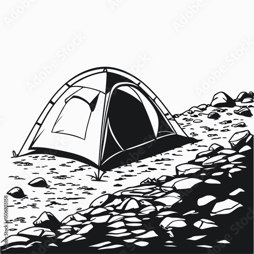 tent pitched on rocky ground black silhouette vec
