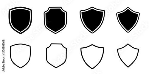 set of shield icons. Shield icon set in vintage style. Protect shield security line icons. Badge quality symbol, sign, logo or emblem. Black knight award contours and linear signs. club logo frame.