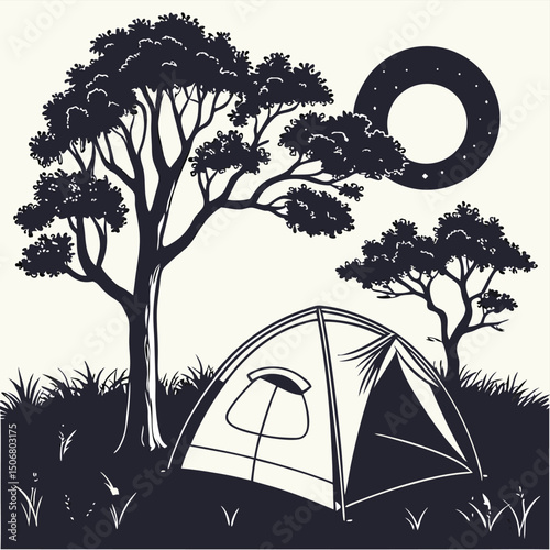 tent under moonlight with trees silhouette vector