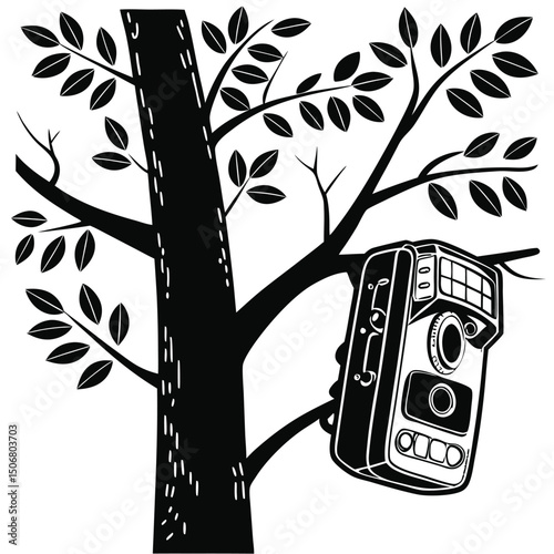 trail camera attached to tree black silhouette ve