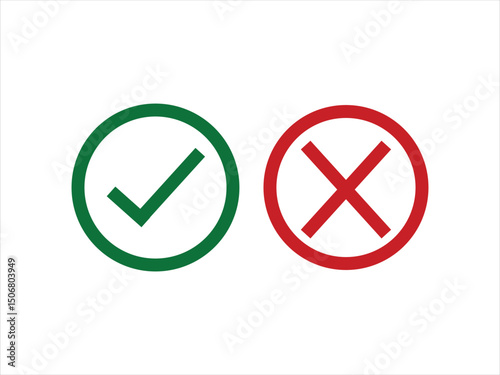check mark icon button set. check box icon with right and wrong buttons and yes or no checkmark icons. Green and red colour.