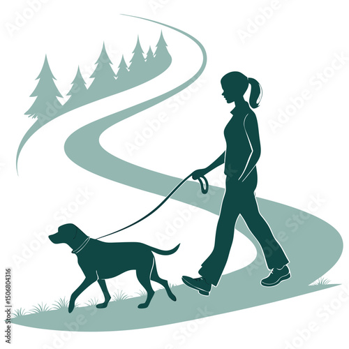 woman walking dog on trail silhouette vector whi