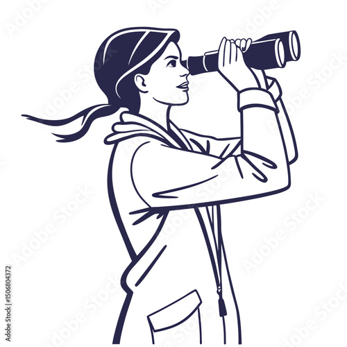 woman using binoculars silhouette vector white t