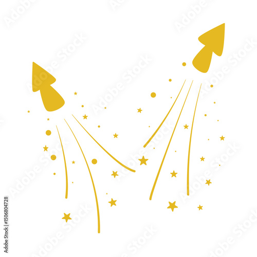 Festive firecracker with tinsel and stars clip art. Fireworks explosion, golden vector element