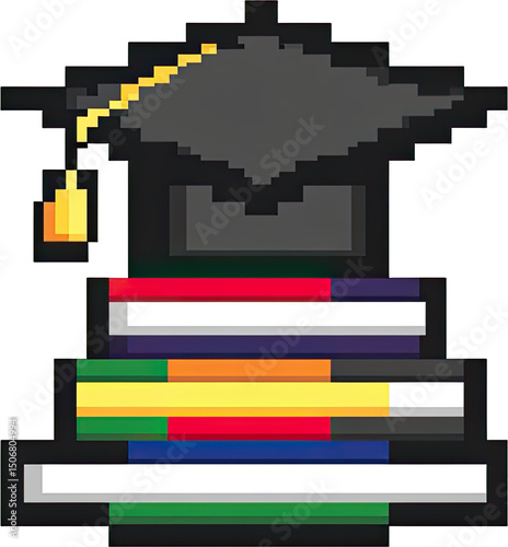 Pixelated graduation cap atop a stack of colorful books.