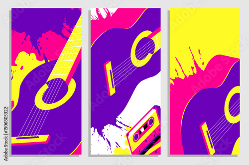 Set of vertical flyers with classical six string guitar droped with colored blots, dots of paint. Templates for party invitation, banner, brochures print. Vector