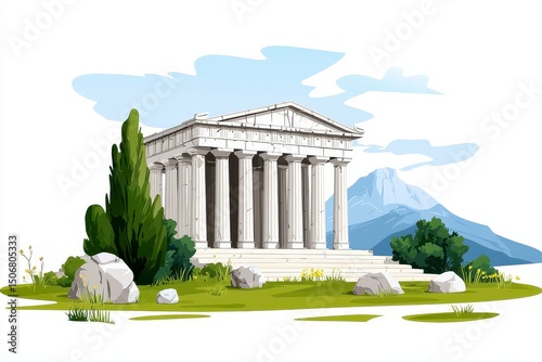 Pixel Art Greek Temple on Hillside Mountain Landscape