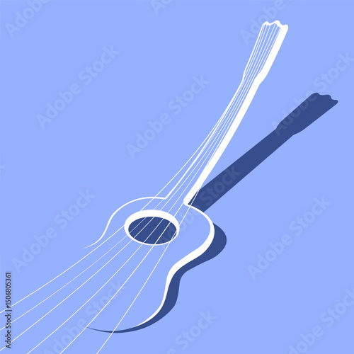 Square music concert paper guitar sticker with strings stretched in minimalistic style. Promotional template for music concert presentation. Simple minimalistic vector isolated on blue background