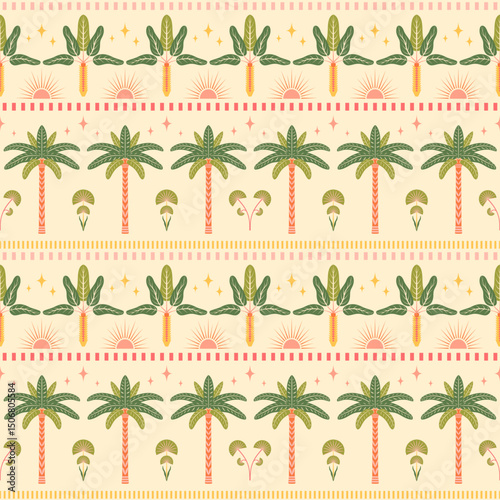 Tropical border seamless pattern vector illustration. Horizontal summer design with palm trees, stars, half sun elements, dashed lines on light background. Nostalgic boho retro-inspired repeat tile