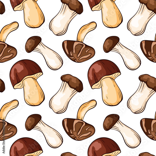 Seamless pattern with cartoon mushroom on white background. Boletus, Trumpet, Shiitake illustration for food packaging, kitchen textile or autumn seasonal design.