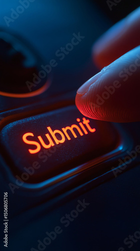 Finger pressing an illuminated 'Submit' button on a dark keyboard, signaling digital submission.
