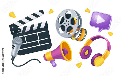 Media Production and Entertainment Symbols in a Digital Illustration  