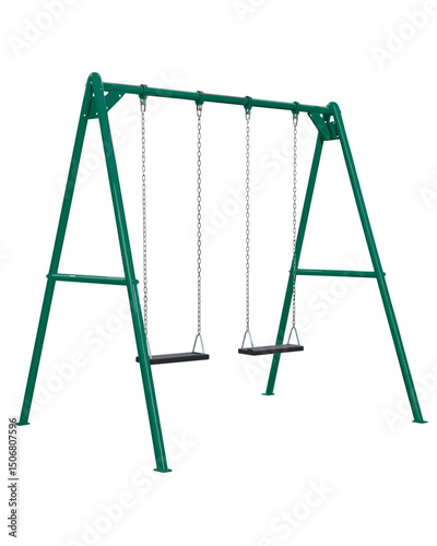 Green Metal Swing Set with Two Swings in an Outdoor Playground  