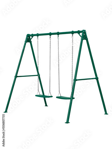 Green Metal Swing Set with Two Swings in an Outdoor Playground  
