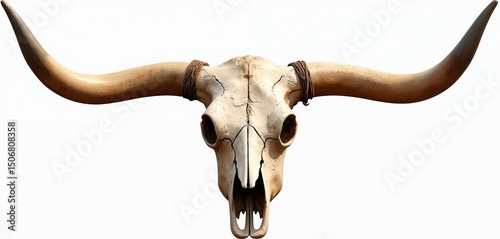 Front view Longhorn bull skull. Wide, impressive horns. Isolated white background. Cattle, ranching, western, Texan, country themes. AI generated illustration for designs, prints, posters, decor.