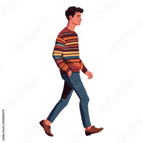 Stylish young man adult walking confidently illustration striped casual vector