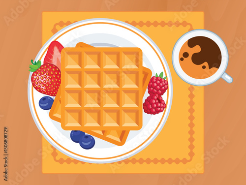 Waffle on a plate and a cup of coffee top view vector illustration. Waffle with berry fruit on a wooden table above view vector. Sweet breakfast on the table drawing