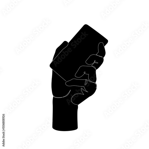 Hand hold mobile smartphone minimal one line drawing art isolated on white background. Smartphone surfing in Social Media, watching video continuous line art. Vector Illustration.