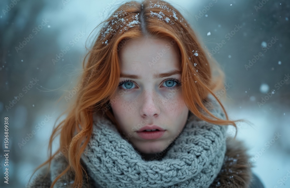 Portrait young woman, winter scene. Red hair, blue eyes, snowflakes on head. Sad face, cold season, feelings. Winter portrait, depression, loneliness, sorrow, mental health, anxiety, stress. Portrait young woman, winter scene. Red hair, blue eyes, snowflakes on head. Sad face, cold season, feelings. Winter portrait, depression, loneliness, sorrow, mental health, anxiety, stress.
