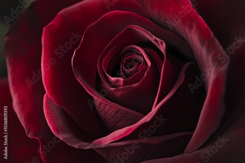 A deep crimson rose velvety petals unfurling a symbol of passionate love rich in texture dramatic lighting close up view
