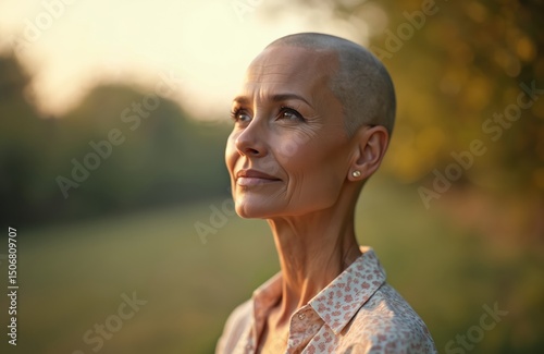 Beautiful bald breast cancer survivor portrait outdoors. Woman looks up with confident expression. Facing health challenges, strong determined female shows inner strength, beauty. Optimistic