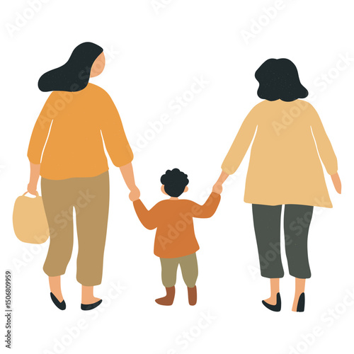 Parents holding hands with their children illustration walking parents vector