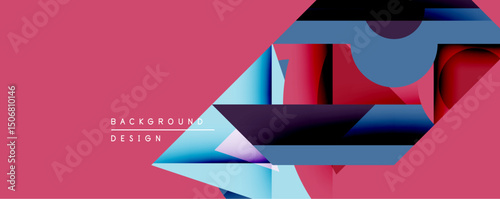 Abstract geometric composition. Overlapping shapes create dynamic visual effect. Red background emphasizes blue, black elements. Modern design suitable for banners, presentations.