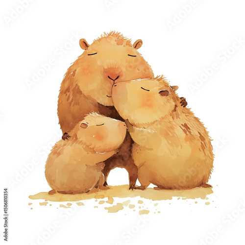 Family of capybaras sharing affection in a warm, playful moment