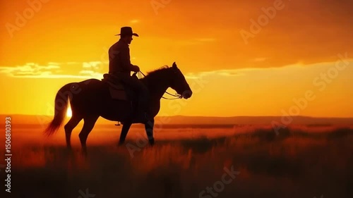A gaucho riding a horse across the Argentinian pampas at sunset, silhouetted against the orange sky, tall grass swaying in the wind