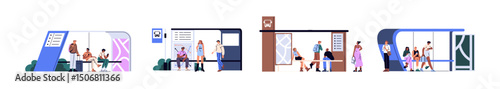 Set of urban bus stops. People are standing, sit on bench, waiting public transport. Passengers are in terminal stations of trolleybus, tramway. Flat isolated vector illustrations on white background