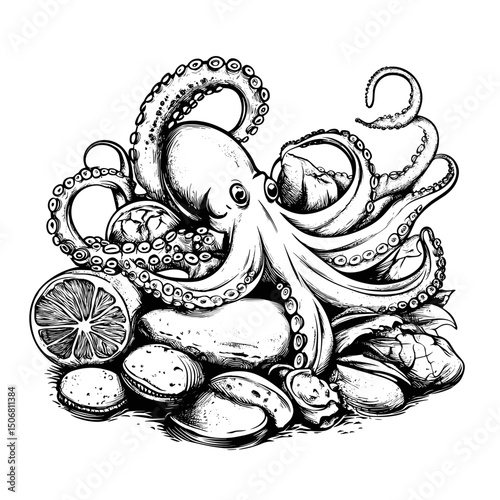Seafood animal with octopus drawing sketch illustration vector