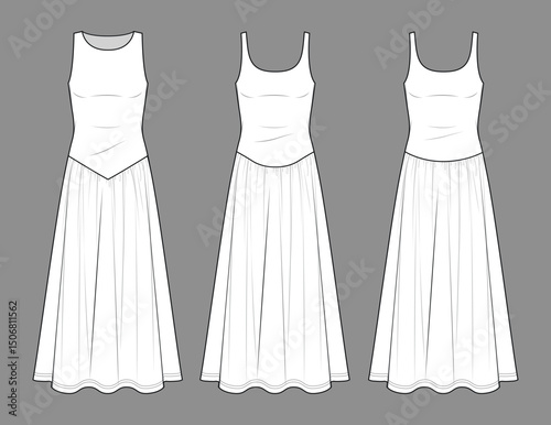 Vector flared long dress fashion CAD, woman maxi sleeveless dress with flowing hem technical drawing, bohemian style dress flat, template, sketch. Jersey or woven fabric dress, front view, white color