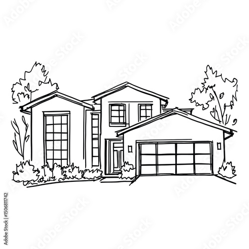 American contemporary suburb house sketch illustration drawing vector