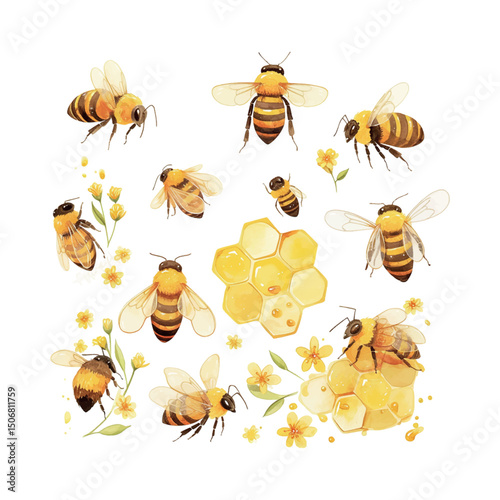Bees and honeycombs amidst flowers in a vibrant illustration showcasing nature's beauty