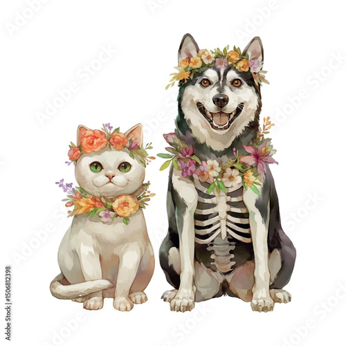 Pets wear floral crowns in a whimsical celebration of friendship and nature during a sunny afternoon in a vibrant garden