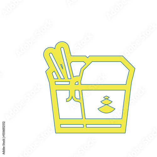 A Vibrant Yellow Chinese Takeout Container with Chopsticks and Food Illustration, Perfect for Restaurant Menus and Branding Designs.