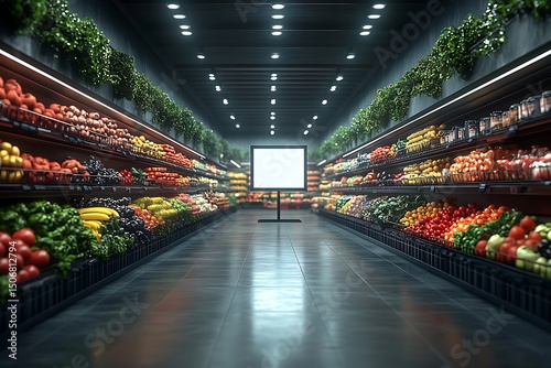 Grocery Aisle Mockup with Colorful Fruits Vegetables and Digital Screen

 photo