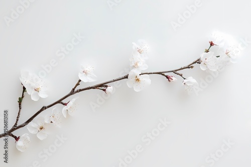 Delicate branch of pristine white blossoms a symbol of spring s gentle arrival against a minimalist white backdrop Soft