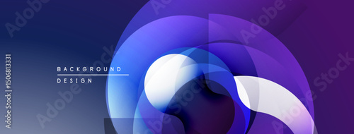 Abstract design features overlapping circles, gradients. Blue, purple hues create modern visual effect. Smooth transitions dominate composition.