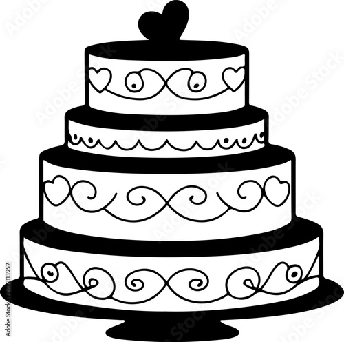 This image is a vector graphic of a three-tier wedding cake with decorative swirls and a heart-shaped topper. 