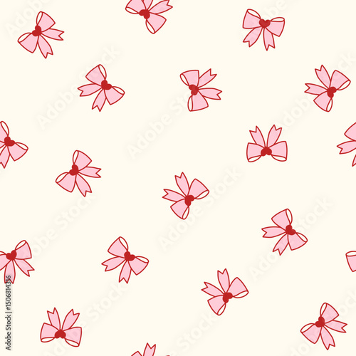 Coquette seamless pattern with cute pink bows and red hearts on a soft cream background. This romantic and playful girly design is perfect for wrapping paper, stationery, fabric. Vector illustration.