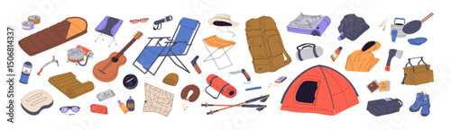 Set of hiking items. Camping kit, supplies and clothing travel in nature. Trekking tools: tents, sleeping bag, backpack, survival equipment. Flat isolated vector illustrations on white background