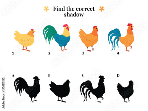 Children's educational game for matching chickens and roosters with their correct shadows. Vector illustration with cute cartoon poultry. Suitable for learning activities and worksheets.