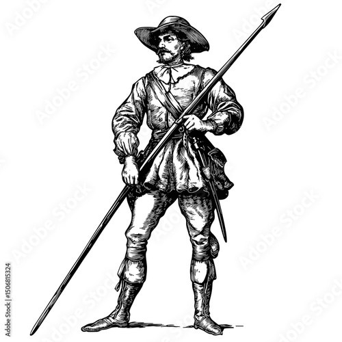 standing soldier holding spear, black and white clip art preview