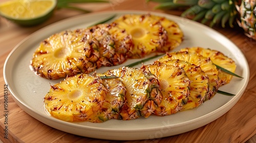 A top view of a white plate on a wooden table with a sliced pineapple featuring  