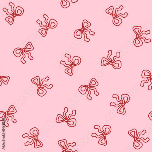 Seamless girly pattern with red wavy bow outlines on a pastel pink background. Cute, romantic and minimal coquette aesthetic design, ideal for fabric, fashion, wrapping paper and wallpaper. Vector art