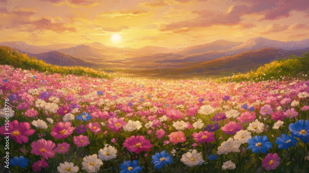 Fototapeta premium Serene Sunset Over a Vibrant Wildflower Meadow in Rolling Hills Landscape Painting