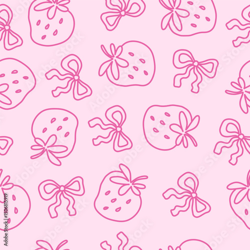 Seamless pink pattern with hand-drawn strawberries and girly bows. Cute and playful coquette aesthetic design. Perfect for fabric, stationery, wrapping paper, digital backgrounds. Vector illustration